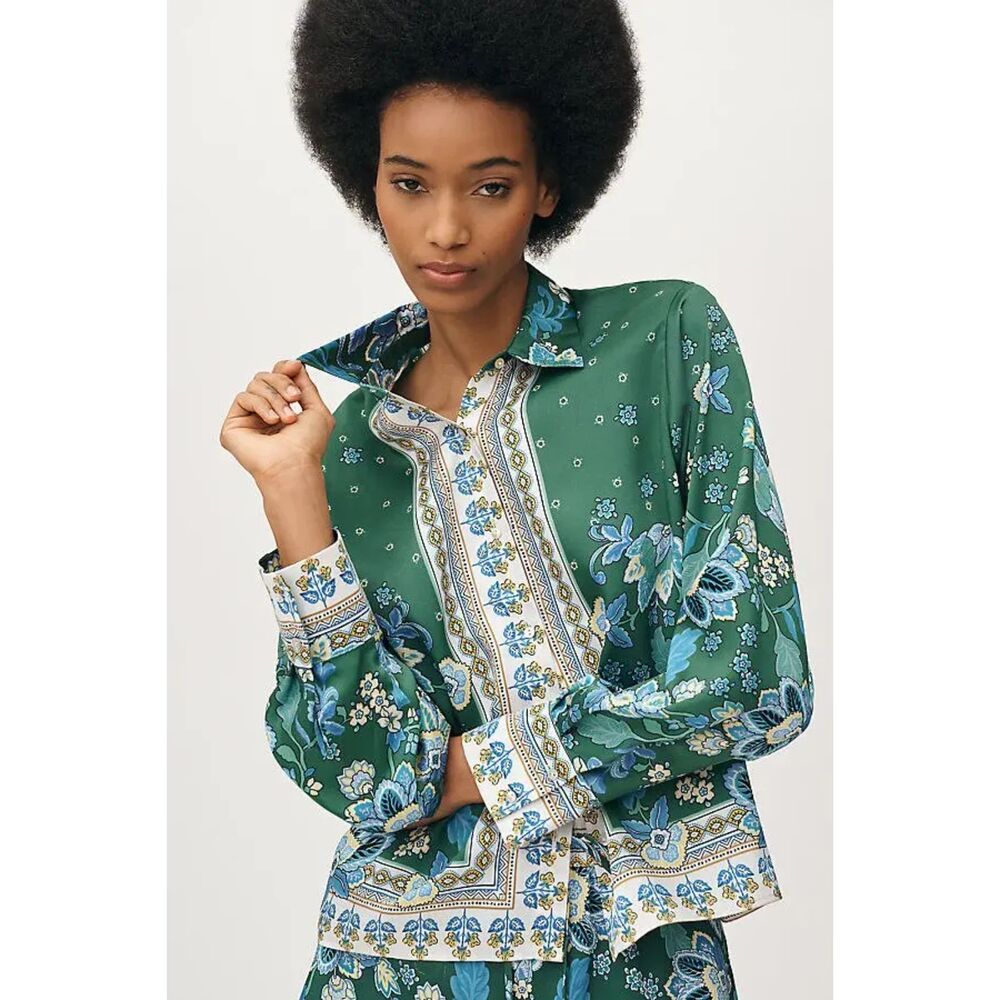 Anthropologie Maeve Long Sleeve Scarf Button Front Blouse, Green Floral, Size S - Picture 2 of 12